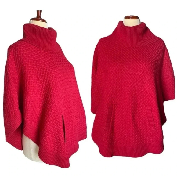 TALBOTS | Red Knit Lamb Wool Blend Cowl Neck Cape Poncho Size S - Picture 2 of 10